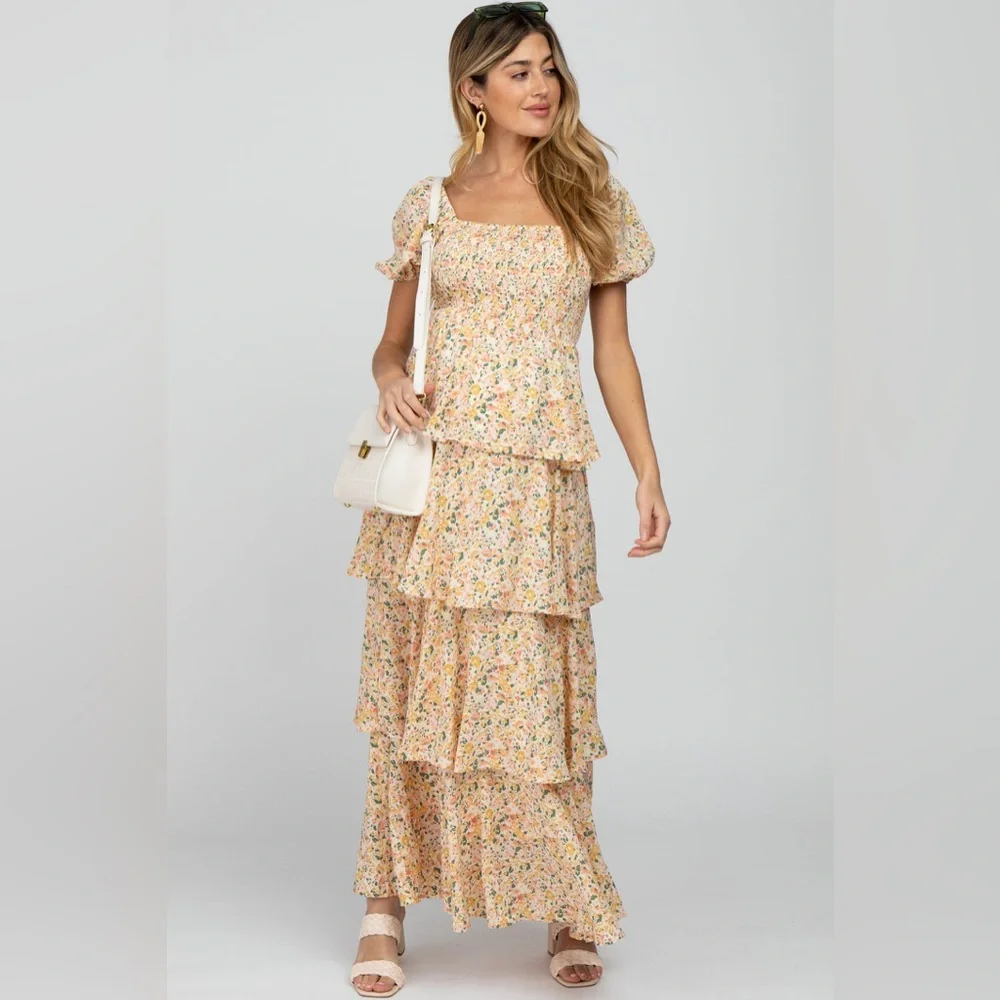 NWHT SOLD OUT PINKBLUSH Yellow Floral Square Neck Ruffle Layered Maternity Maxi - Picture 2 of 11